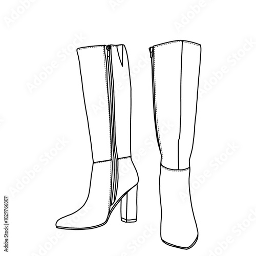 Women's Knee High Boots Side Zipper Faux Suede Comfort Boot pairs Line art, Technical sketch hand drawing outline vector doodle illustration front pose view isolated on white background