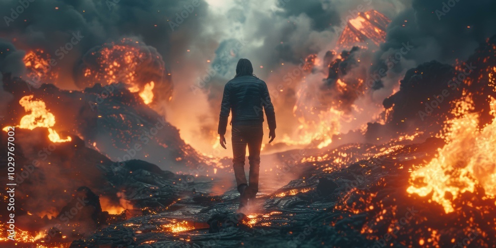 Obraz premium A lone figure walks through a fiery landscape. AI.