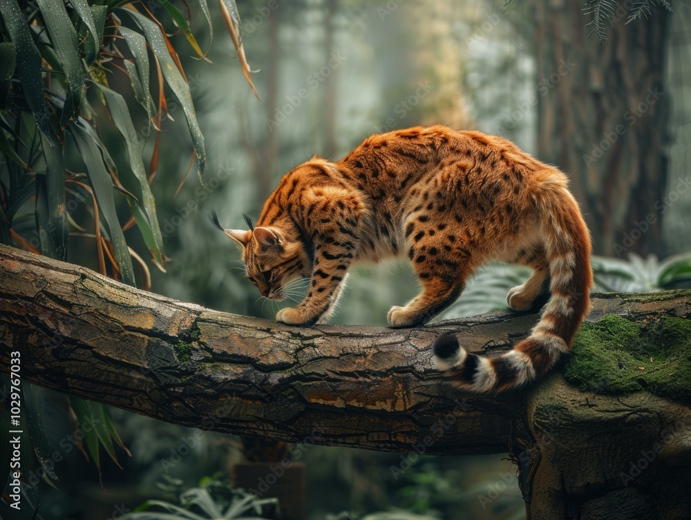 A wild cat walks along a tree branch. AI. A wild cat walks along a tree branch. AI.