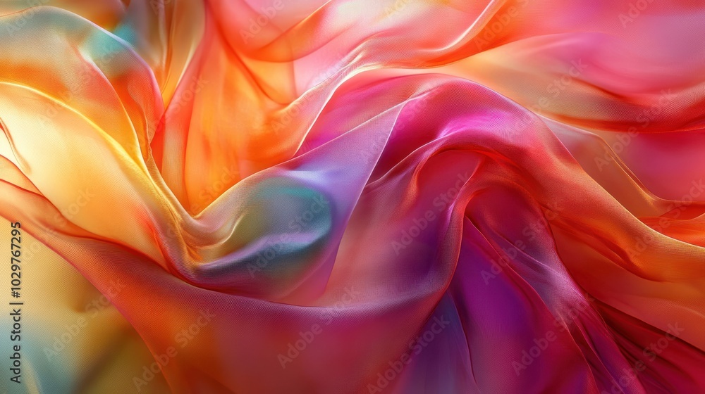 Obraz premium Abstract background of colorful, translucent fabric with vibrant hues and flowing, wavy texture.