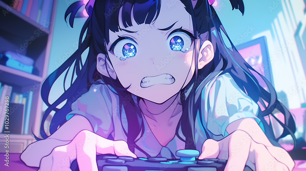 Anime girl, cute woman panicking while playing game Anime girl, cute woman panicking while playing game