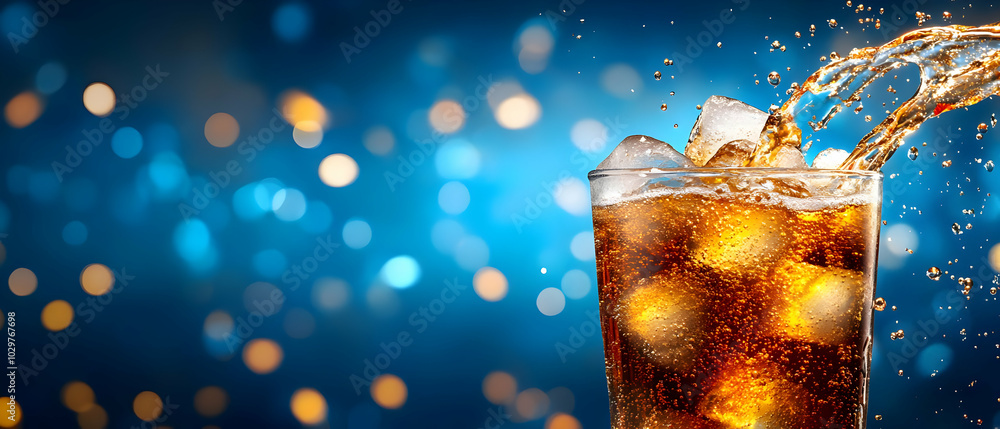 Refreshing fizzy drink with ice cubes, splashing liquid, against a blue bokeh background. Refreshing fizzy drink with ice cubes, splashing liquid, against a blue bokeh background.