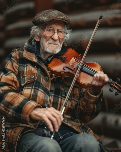 An elderly man plays the violin with a serious expression. AI.