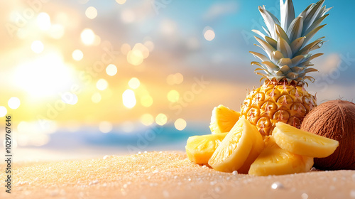 Fresh pineapple and coconut slices on a beach, illuminated by warm sunset light, evoking tropical leisure and relaxation. photo