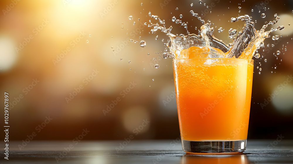 A refreshing splash of orange juice in a glass, captured with vibrant colors and a sunny ambiance. A refreshing splash of orange juice in a glass, captured with vibrant colors and a sunny ambiance.