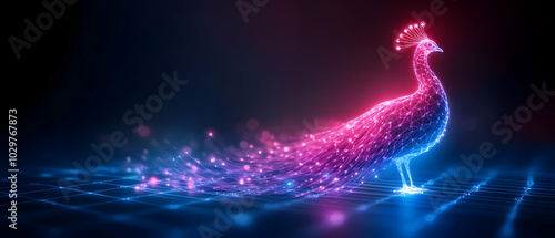 Vibrant digital peacock in neon colors, showcasing its stunning plume against a dark background.