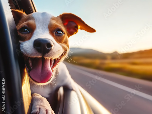 Happy Dog with Tongue Out in Sunset Drive photo