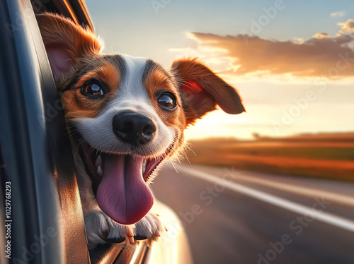 Golden Hour Dog Enjoying the Wind from Car Window photo