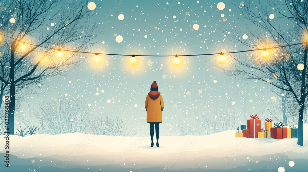 Winter Serenity: Woman in Snowy Landscape with Festive Lights and Gift Boxes Winter Serenity: Woman in Snowy Landscape with Festive Lights and Gift Boxes