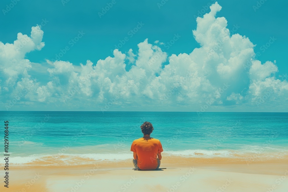 Fototapeta premium Serene Beach Meditation with Solitary Figure in Vibrant Orange Shirt Facing Blue Ocean and Cloudy Sky