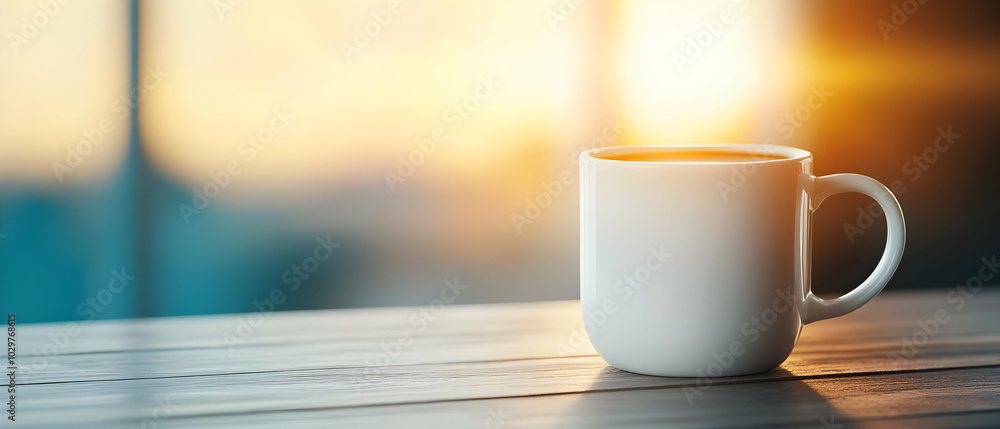 Fototapeta premium A steaming white coffee mug on a wooden table, basking in soft sunlight, creating a cozy and inviting atmosphere.