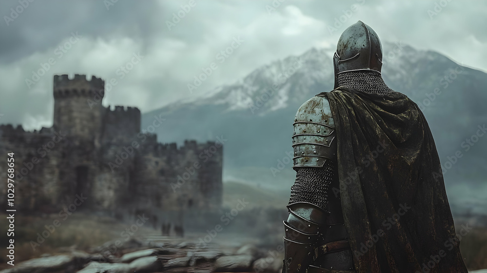 A knight in armor gazing at an ancient castle under a stormy sky, evoking a sense of adventure and history. A knight in armor gazing at an ancient castle under a stormy sky, evoking a sense of adventure and history.