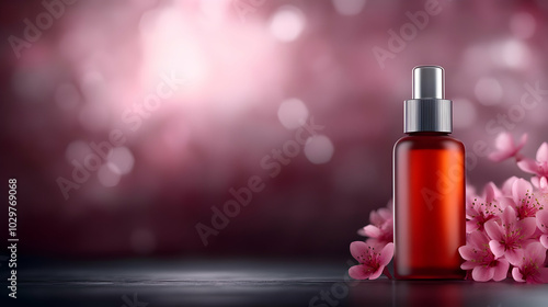 Elegant glass bottle with a silver cap, surrounded by delicate pink flowers on a blurred background.