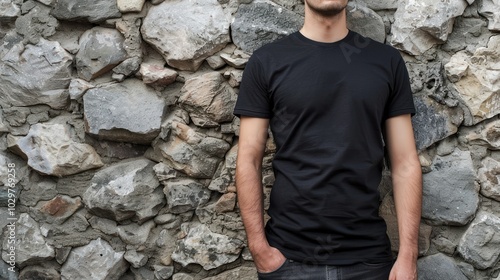 Man in Black T-shirt Against Stone Wall