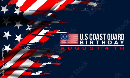 U.S. Coast Guard birthday. August 4. Design with american flag and patriotic stars. Poster, card, banner, background design. photo