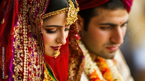 Traditional Sindhi wedding, showcasing the groom and bride in beautiful cultural attire. The groom is dressed in a colorful sherwani, and the bride wears a vibrant red bridal lehenga