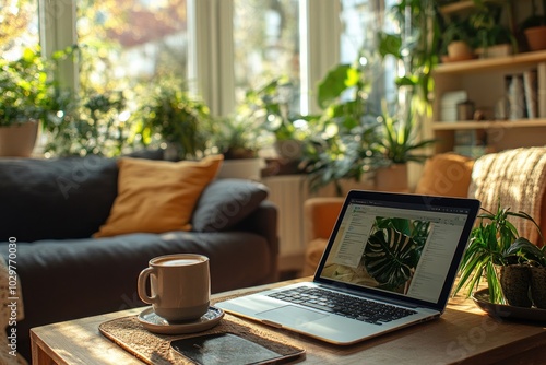 Wallpaper Mural Cozy Home Workspace with Laptop and Coffee Surrounded by Indoor Plants Torontodigital.ca