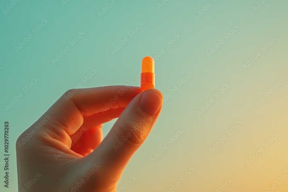 Hand Holding Single Orange Capsule Against Gradient Sky in Minimalist Composition Hand Holding Single Orange Capsule Against Gradient Sky in Minimalist Composition