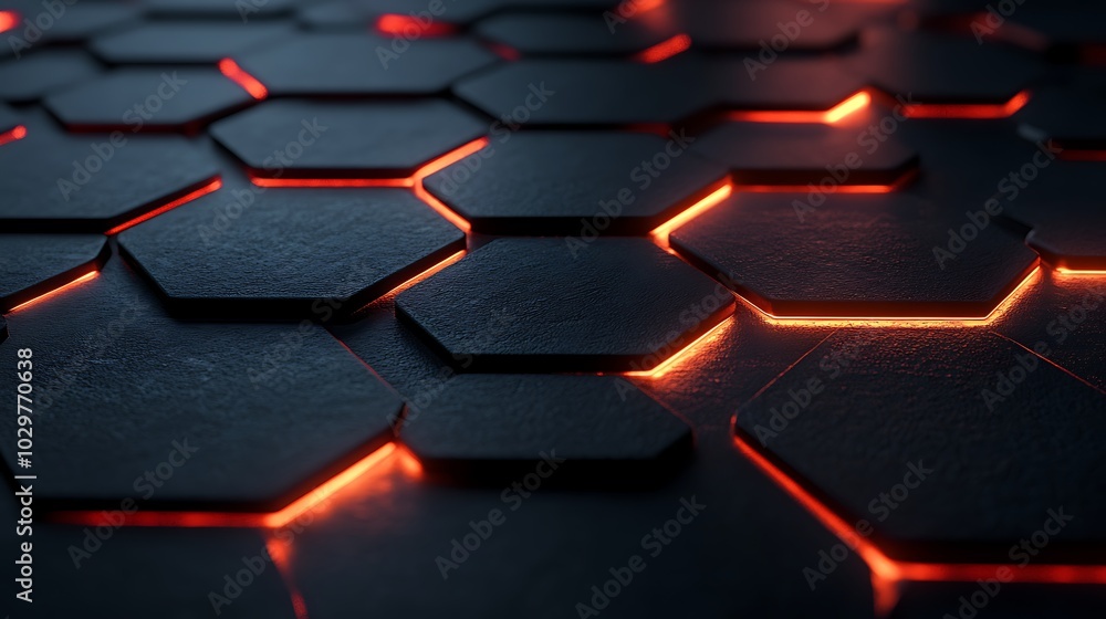 Obraz premium black hexagonal background with orange glowing particles.