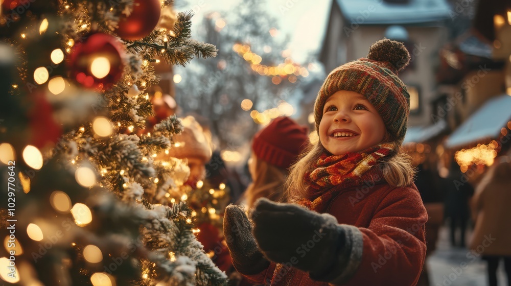 A joyful child in winter attire admires a decorated Christmas tree at a festive market, capturing the magic and warmth of the holiday season. A joyful child in winter attire admires a decorated Christmas tree at a festive market, capturing the magic and warmth of the holiday season.