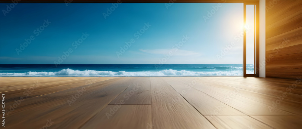 Stylish interior view of a modern room with panoramic ocean view and sunlight streaming in. Stylish interior view of a modern room with panoramic ocean view and sunlight streaming in.