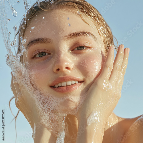 Refreshing Skincare Model with Radiant, Dewy Skin and Water Splash Close-Up






