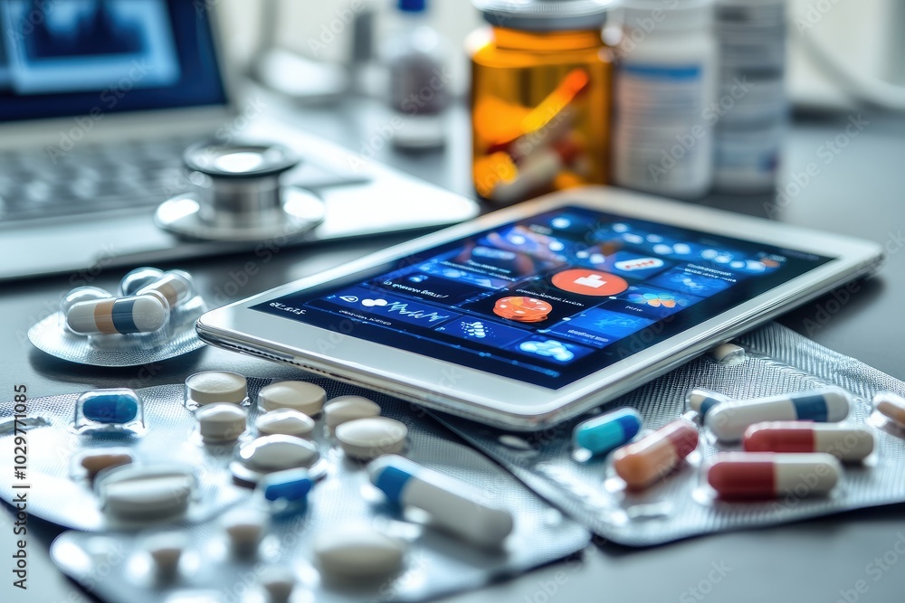 Digital Healthcare: Tablet and Medicine with Stethoscope in Modern Medical Setting Digital Healthcare: Tablet and Medicine with Stethoscope in Modern Medical Setting