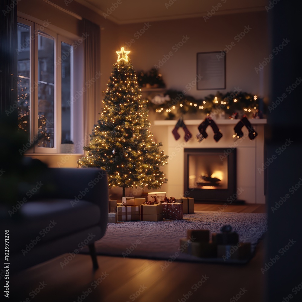 Cozy Christmas living room with a decorated tree by the fireplace, stockings hung, and gifts waiting beneath the warm, glowing lights.