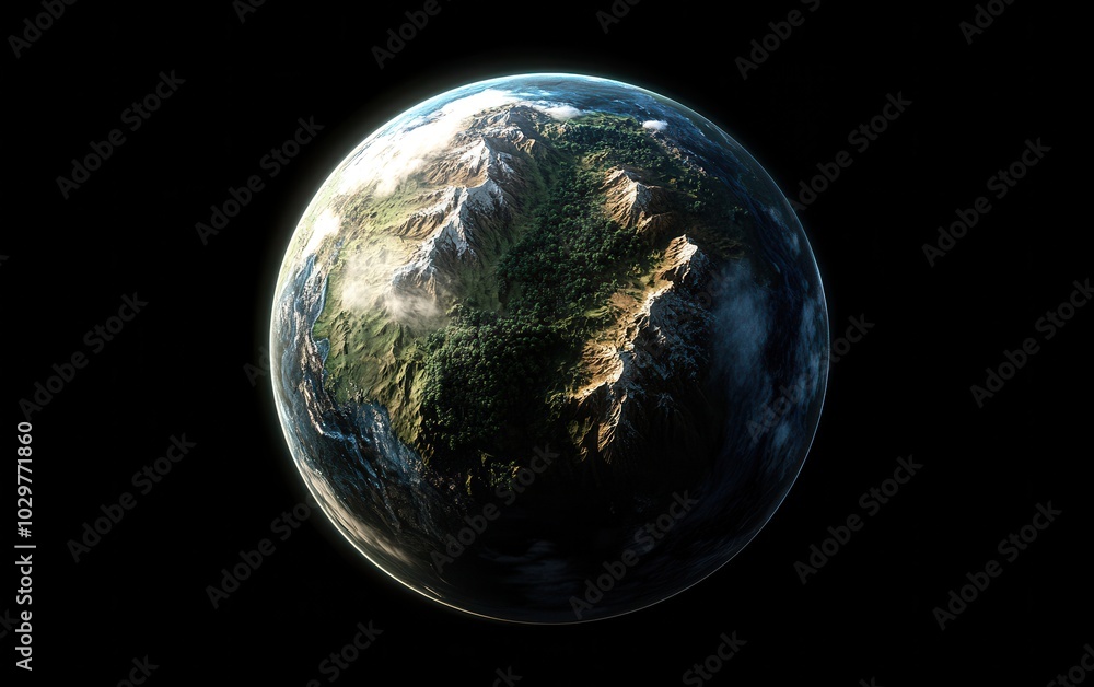 A realistic 3D render of a sphere representing the planet Earth, with detailed topography of mountains and forests, floating in space A realistic 3D render of a sphere representing the planet Earth, with detailed topography of mountains and forests, floating in space