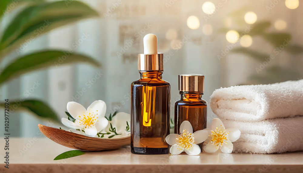 Bottles on the background of the spa room. Skin care serum or natural cosmetics with essential oil. face and body beauty concept. Spa concept. Bottles on the background of the spa room. Skin care serum or natural cosmetics with essential oil. face and body beauty concept. Spa concept.