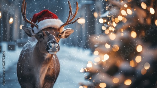 Festive reindeer wearing a Santa hat with glowing holiday lights in the snowy background, creating a magical Christmas atmosphere.