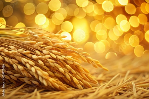 Closeup of Dry Jasmine Rice Grass with Peaceful Yellow Bokeh for Tranquil Architectural Photography photo