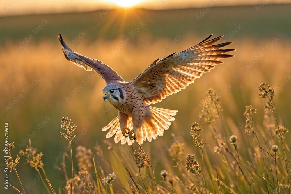 Obraz premium Kestrel Hovering Over a Sunlit Meadow