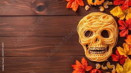 Skull made of pasta, surrounded by autumn leaves on wooden background.