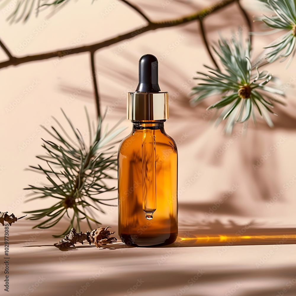 Glass bottle of natural essential oil with blooming branches on color background Glass bottle of natural essential oil with blooming branches on color background