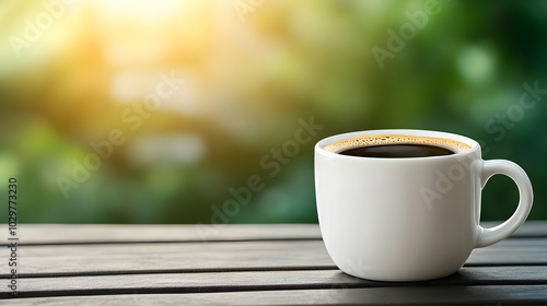 A steaming cup of coffee placed on a wooden surface, surrounded by lush greenery in a bright, inviting atmosphere.