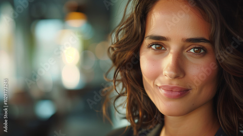 Smiling Woman with Curly Hair in Cozy Cafe, Lifestyle Portrait Photograph