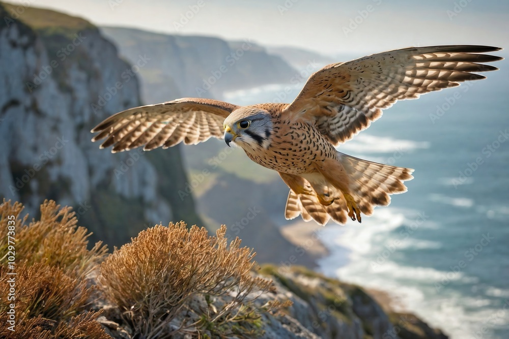 Obraz premium Kestrel in Flight Over Coastal Cliffs