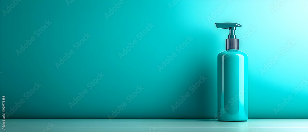 Turquoise skincare bottle on a sleek surface against a matching background, perfect for beauty and cosmetic themes. Turquoise skincare bottle on a sleek surface against a matching background, perfect for beauty and cosmetic themes.
