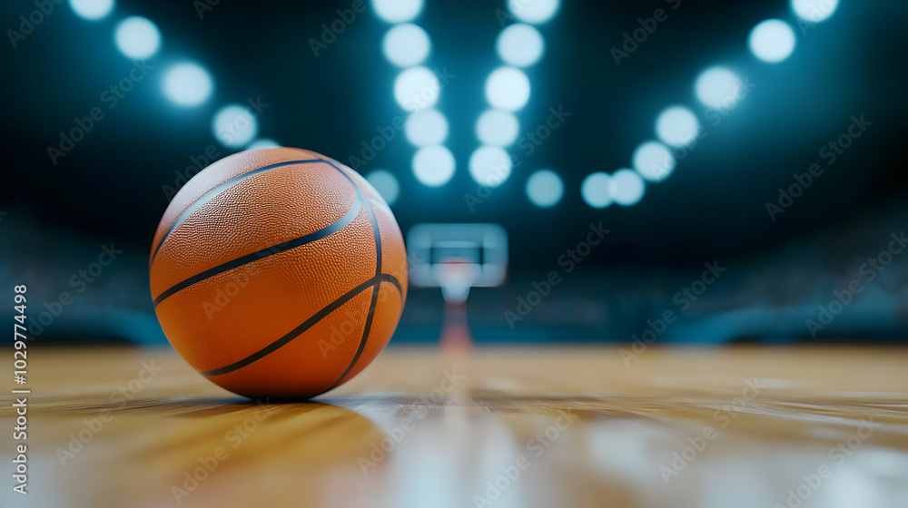 Close-up of a basketball on the court, with blurred lights and hoop in the background, capturing the essence of the game. Close-up of a basketball on the court, with blurred lights and hoop in the background, capturing the essence of the game.