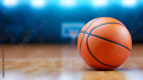 Close-up view of a basketball on a wooden court, perfect for sports-themed visuals.