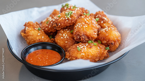 Crispy fried chicken wings garnished with sesame seeds and green onions, served with spicy dipping sauce. Perfect for delicious snack or meal!