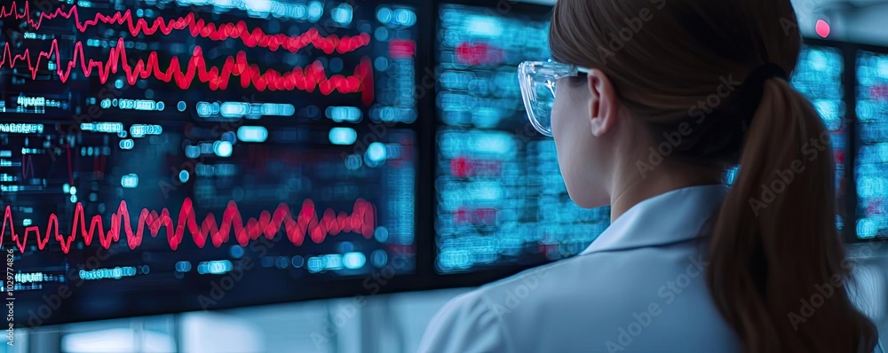 Scientist analyzing data on digital screens, showcasing modern technology in research and medical studies. Scientist analyzing data on digital screens, showcasing modern technology in research and medical studies.
