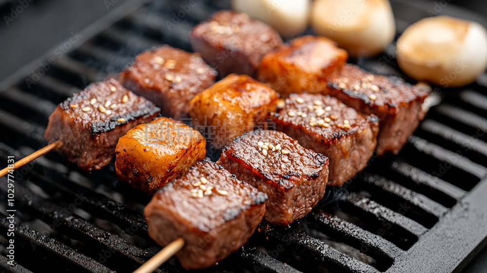 Grilling skewers of marinated meat over charcoal creates delicious aroma and mouthwatering flavors. perfectly charred pieces are delight for any barbecue lover Grilling skewers of marinated meat over charcoal creates delicious aroma and mouthwatering flavors. perfectly charred pieces are delight for any barbecue lover