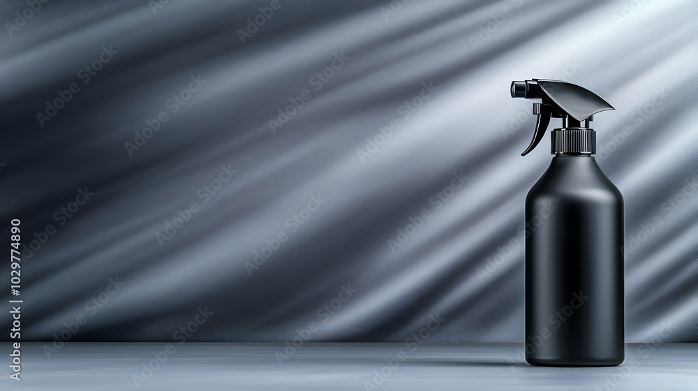A sleek black spray bottle on a blurred gray background, perfect for showcasing cleaning products or industrial use. A sleek black spray bottle on a blurred gray background, perfect for showcasing cleaning products or industrial use.