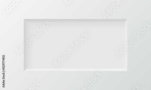 3d wall niche. Empty white rectangle shelf. Rectangular horizontal inside frame. Display stand, showcase mockup. Showroom, gallery, studio or shop product presentation. Realistic vector illustration.