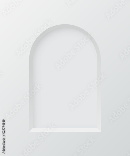 3d wall arch niche. Empty white semicircular shelf. Inside frame. Display stand, showcase mockup. Showroom, gallery, studio or shop product presentation. Realistic vector illustration.