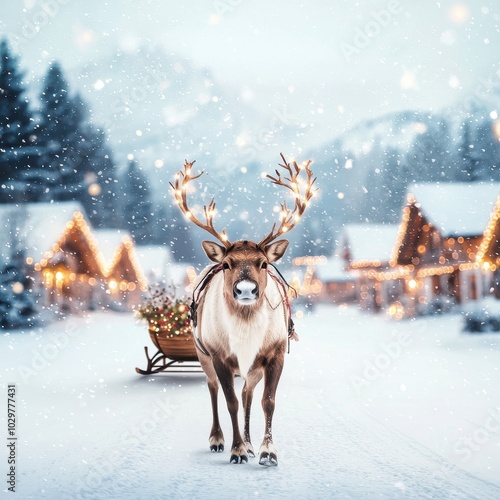 Reindeer in a snowy landscape with festive cabins during winter season.