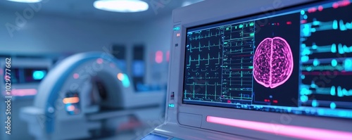 High-tech medical equipment with brain scan displayed on screen in a modern hospital setting for healthcare and research purposes.