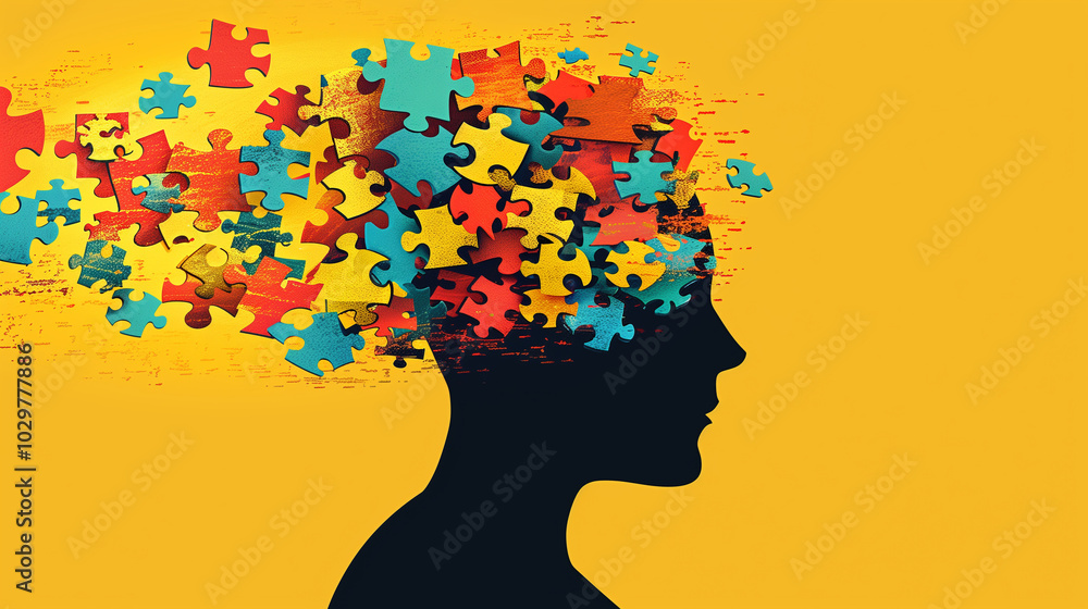 Abstract silhouette of a head with colorful puzzle pieces representing mental health Abstract silhouette of a head with colorful puzzle pieces representing mental health